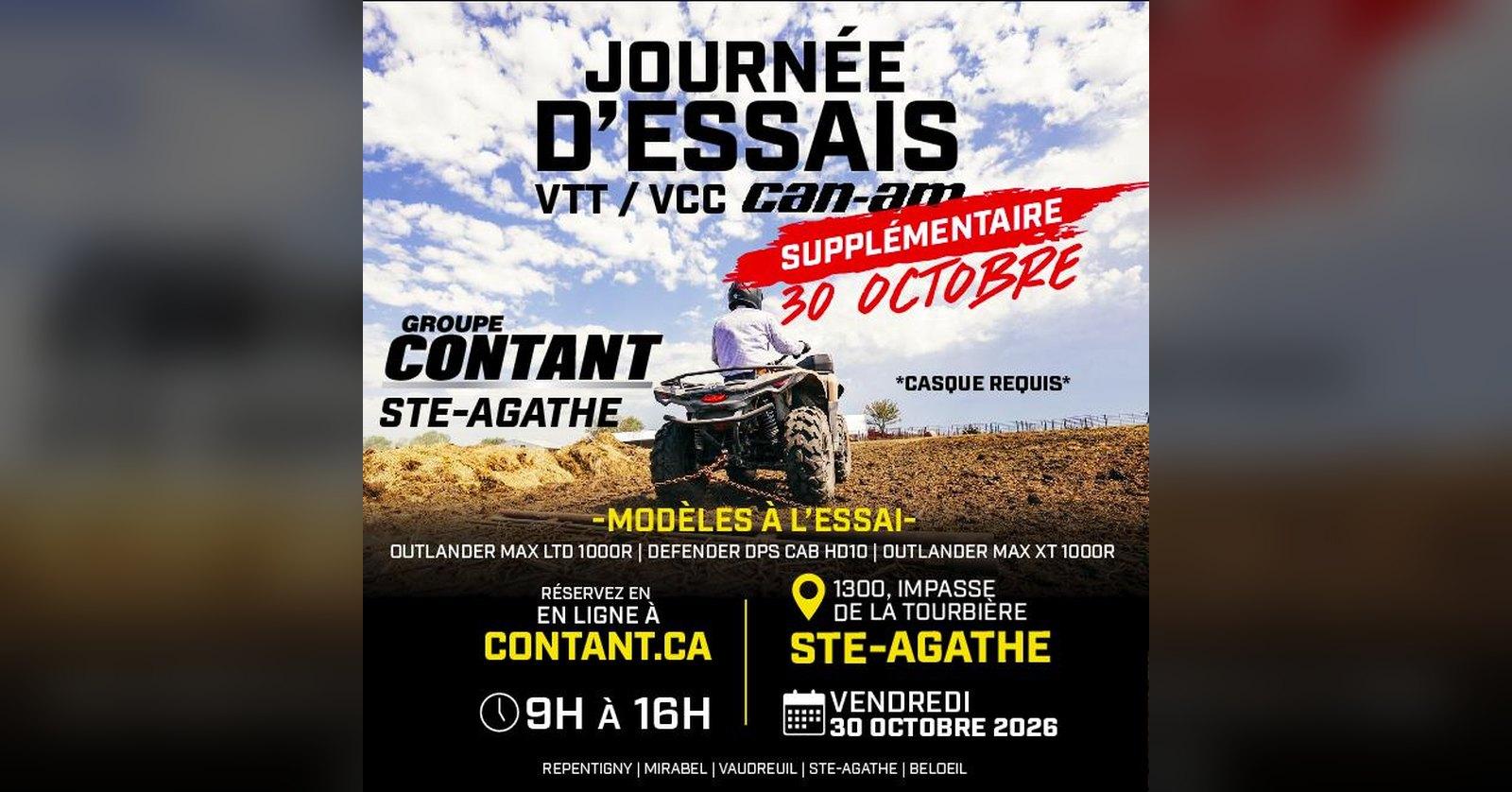 Can-Am ATV and side-by-side test rides — Groupe Contant Sainte-Agathe, Friday, October 30, 2026, 9 AM to 4 PM