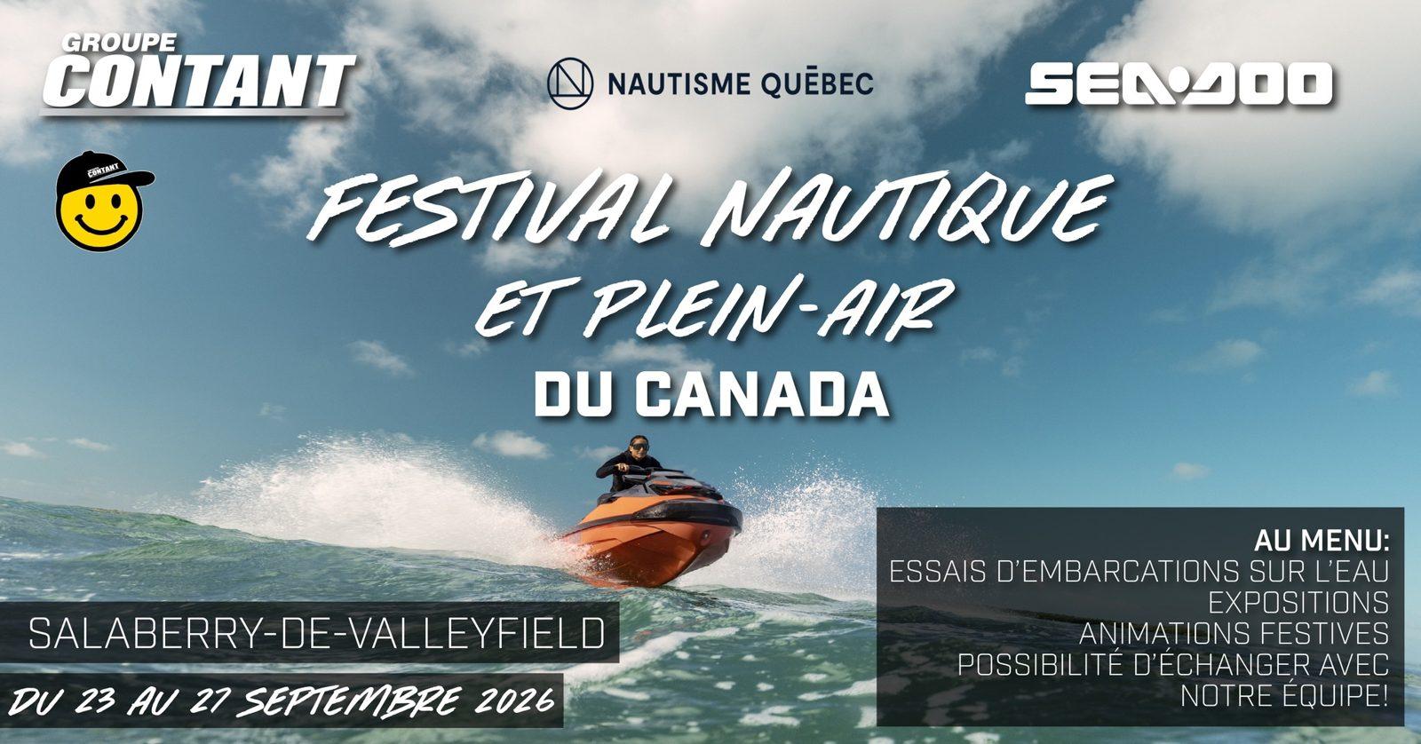 Affiche du Festival nautique et plein-air du Canada 2026 — Groupe Contant, Nautisme Québec et Sea-Doo, Salaberry-de-Valleyfield, du 23 au 27 septembre 2026