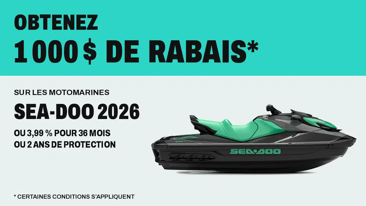Get $1,000 off, 3.99% for 36 months or 2 years of coverage on 2026 Sea-Doo watercraft