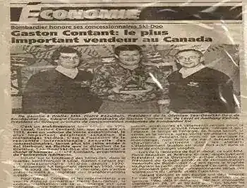 1993 newspaper article: Gaston Contant becomes Canada's largest BRP dealer, featuring Pierre Beaudoin, Gérard Contant, and Anthony Kalhok