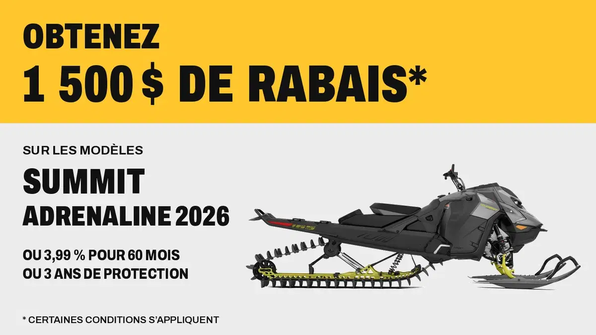 Get $1,500 off, 3.99% for 60 months or 3 years of coverage on 2026 Summit Adrenaline