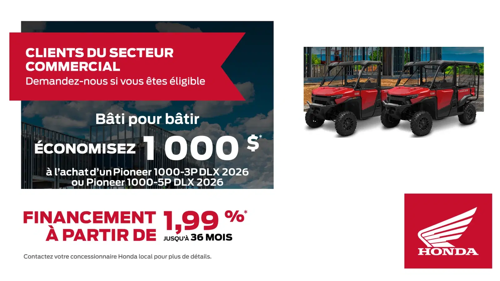 Commercial and agricultural program: save $1,000 on a 2026 Pioneer 1000-3P or 1000-5P DLX