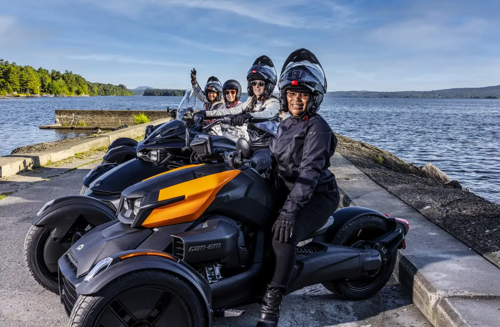 Friends on Can-Am Rykers by a lake