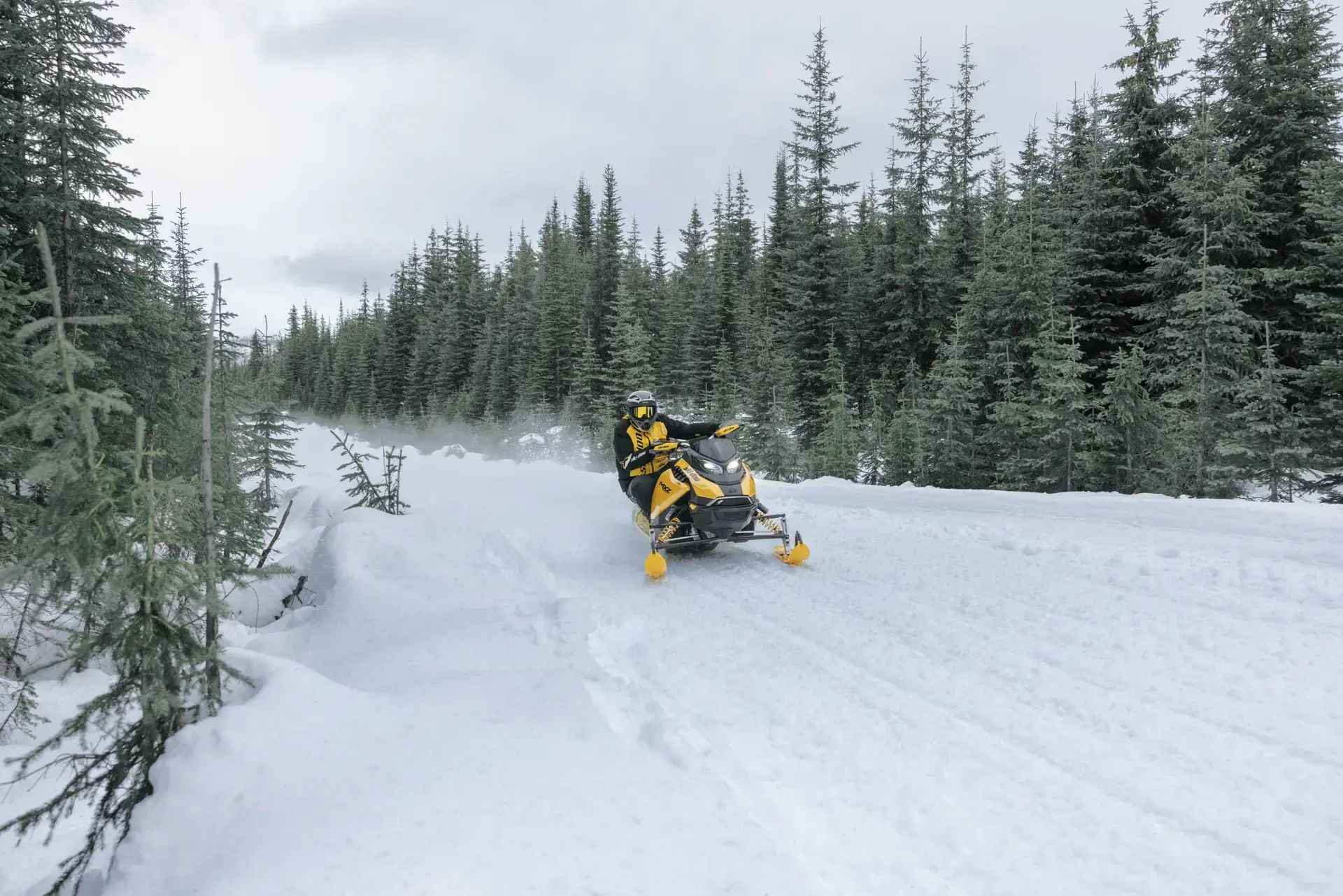 Motoneige Ski-Doo MXZ X-RS 2027 dans un virage de sentier en forêt